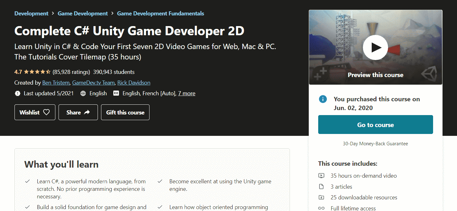 Game development course Udemy